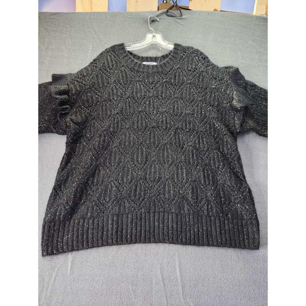 Old Navy Women's Black Pointelle Knit Fuzzy Ruffle Shoulder Sweater Size 3X NWT